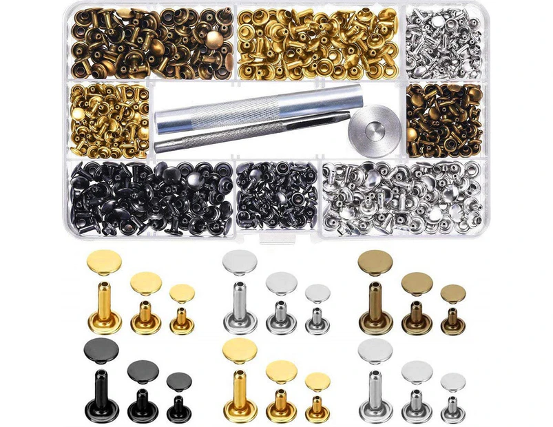 Double Cap Rivets, 300 Leather Rivets, Double Head Rivets For Diy, With 3 Fasteners, 3 Sizes (6*6/8*8/8*12Mm)