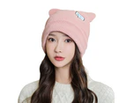 Women Beanie Hat Ears Solid Color Letters Brimless Dome Windproof Korean Style Knitting Cap for Outdoor Skiing Cycling Pink