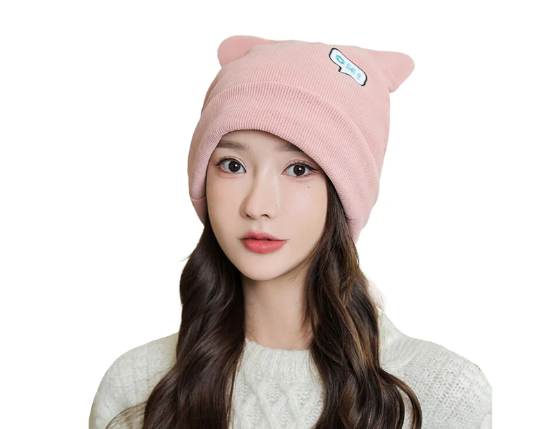 Women Beanie Hat Ears Solid Color Letters Brimless Dome Windproof Korean Style Knitting Cap for Outdoor Skiing Cycling Pink