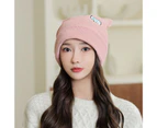 Women Beanie Hat Ears Solid Color Letters Brimless Dome Windproof Korean Style Knitting Cap for Outdoor Skiing Cycling Pink