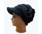 Wide Brim Earflap Solid Color Knitted Cap Women Winter Sequins Flower Decor Beret Hat Black