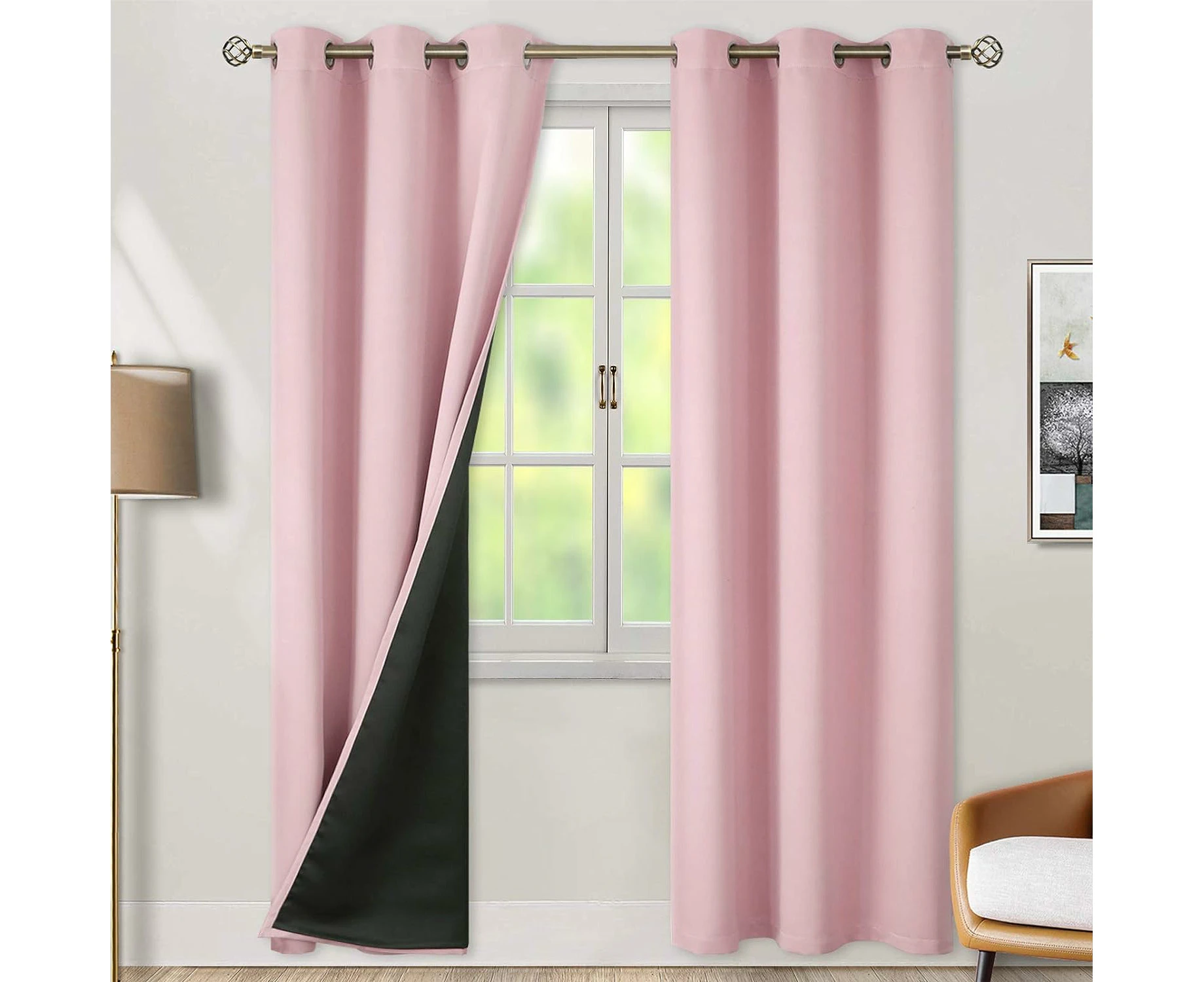 Thermal Insulated 100% Blackout Curtains For Bedroom With Black Liner, Double Layer Full Room Darkening Noise Reducing Grommet Curtain(2 Panels),Baby Pink