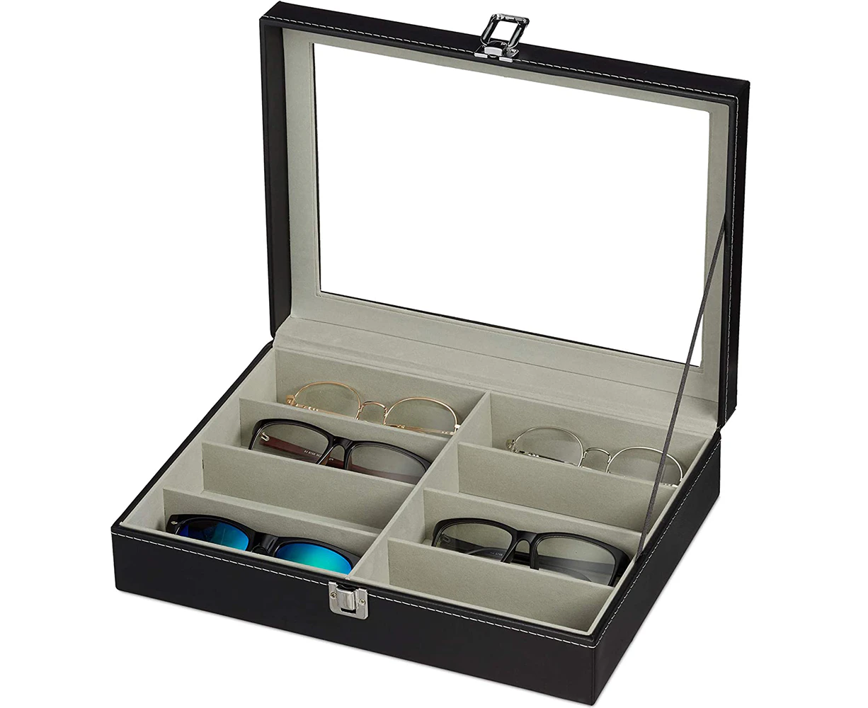 8 Compartments Sunglasses Organizer Leather Eyewear Collector Glasses Display Case Storage Box