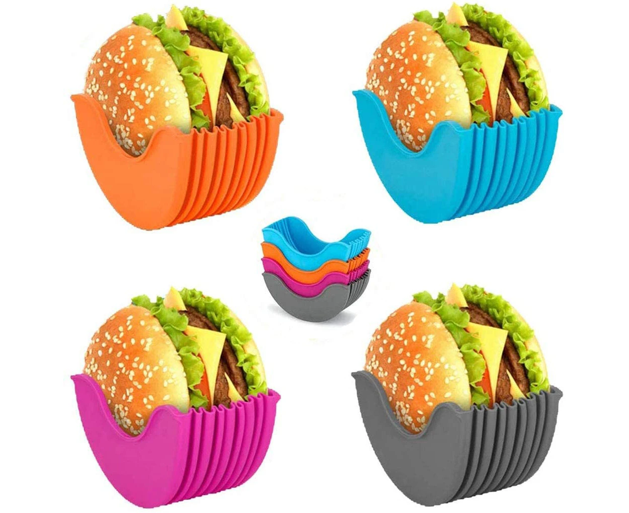 Burger Holder, Reusable Burger Holding Box，Silicone Burger Storage Box, Washable Retractable Plastic Hamburger Clips, 4Pcs