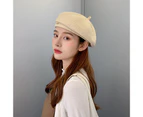 Women Beret Wind-proof No Brim Knitting Round Top Good Stretchy Dress Up Lightweight Elegant Lady Winter Beret Hat for Holiday Beige