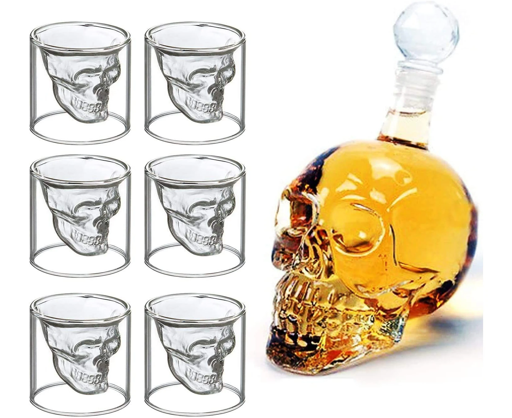 Skull Shot Glasses Set, 550ml Skull Wine Bottles 6 Skull Glasses