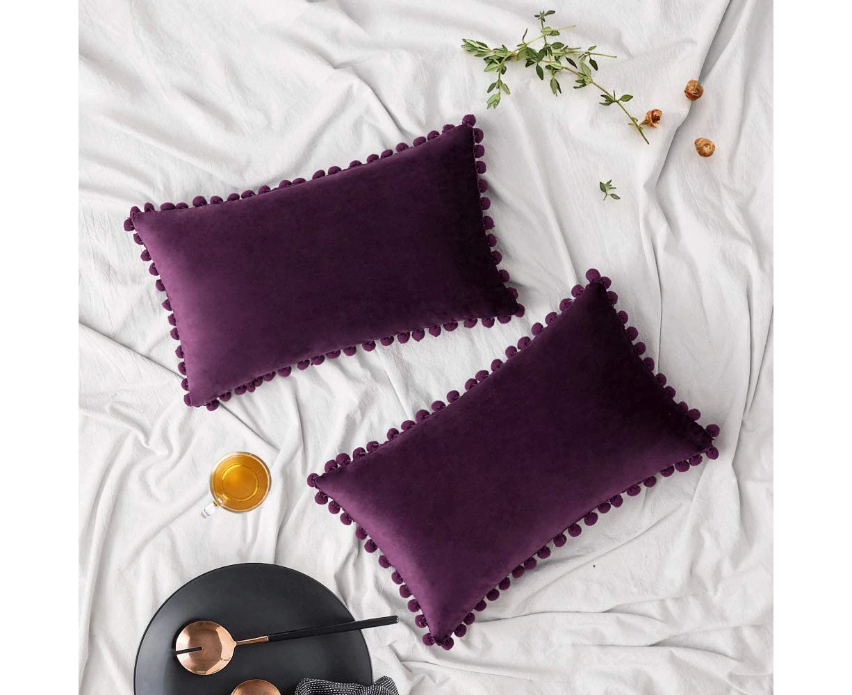 Pack of 2 Velvet Christmas Throw Pillow Covers Spring Pompom Decorative Pillowcases Solid Soft Cushion Covers with Poms Square -12"x20" Purple