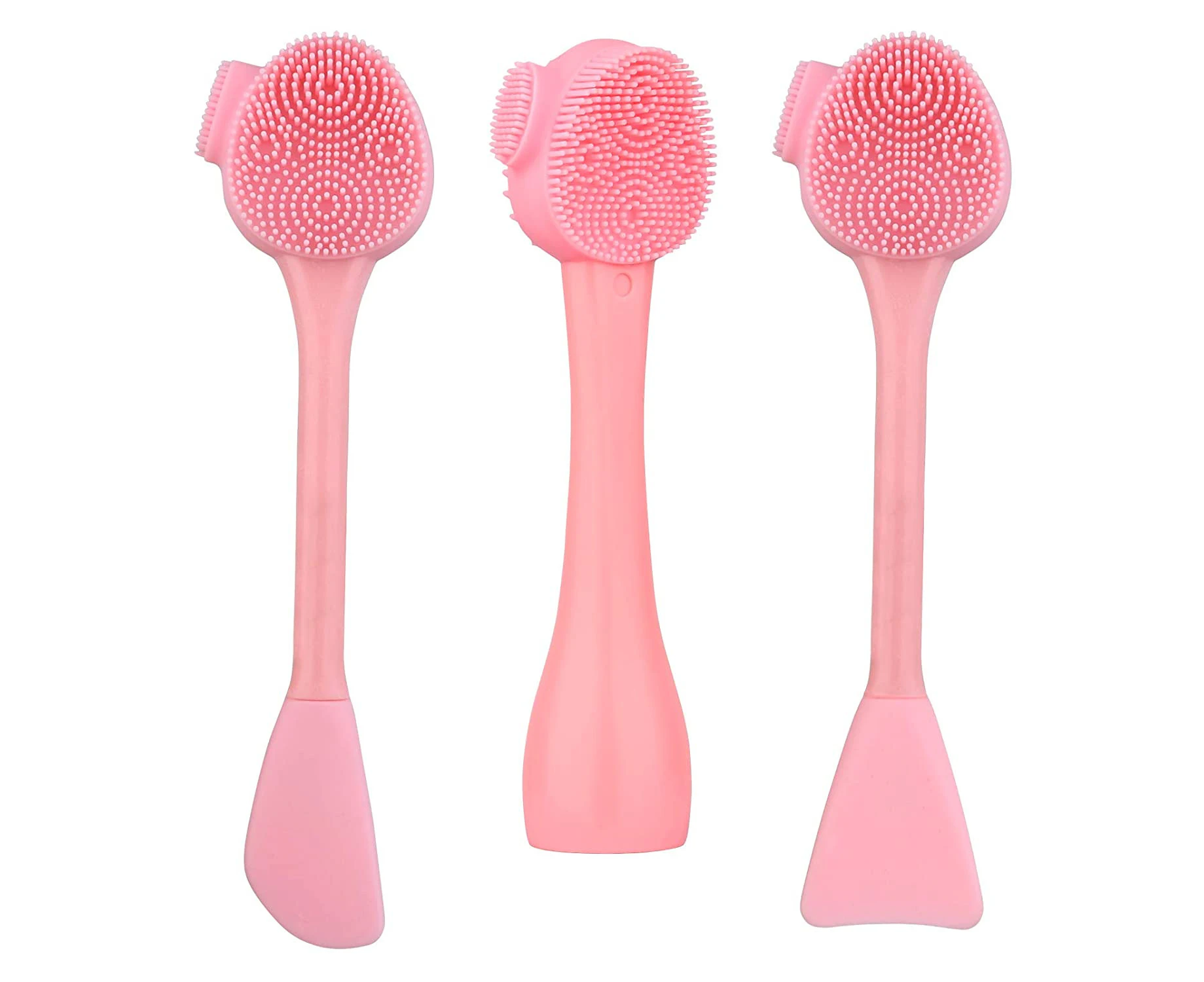 Silicone Facial Cleansing Brush 3 Designs Face Brush, Double-Ended Silicone Face Exfoliating Wash Scrub Brush with Flexible Spatula (Pink) - Style2