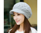 Visor Beret Cap Peaked Slouchy Plush Lining Stretchy Plain Ears Protection Solid Color Autumn Winter Women Knitted Hat for Outdoor Grey