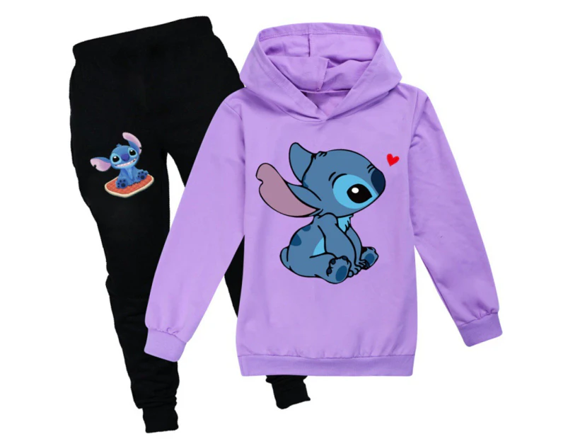Kids Boys Girls Stitch Hoodies Hooded Tops Pants Sweatshirt Tracksuit Outfits - Purple