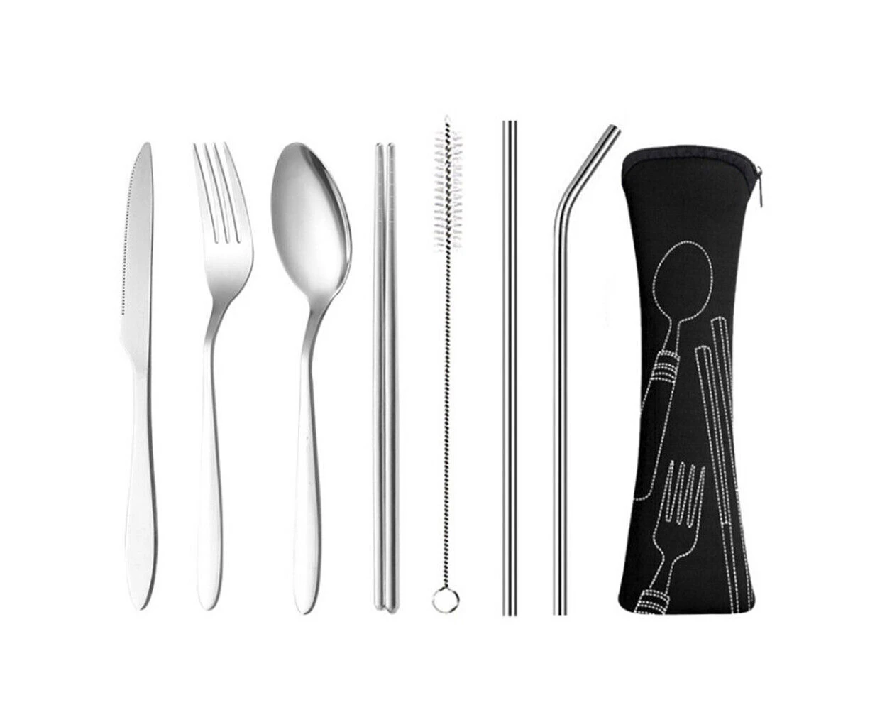 7 Pcs Cutlery Travel Knife Fork Portable Bag Stainless Steel Spoon Chopstick Set