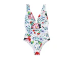 Lady Swimwear Sexy Deep V Neck Backless High Waist Floral Print Summer Female Swimsuit Beachwear-White