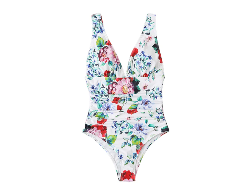 Lady Swimwear Sexy Deep V Neck Backless High Waist Floral Print Summer Female Swimsuit Beachwear-White