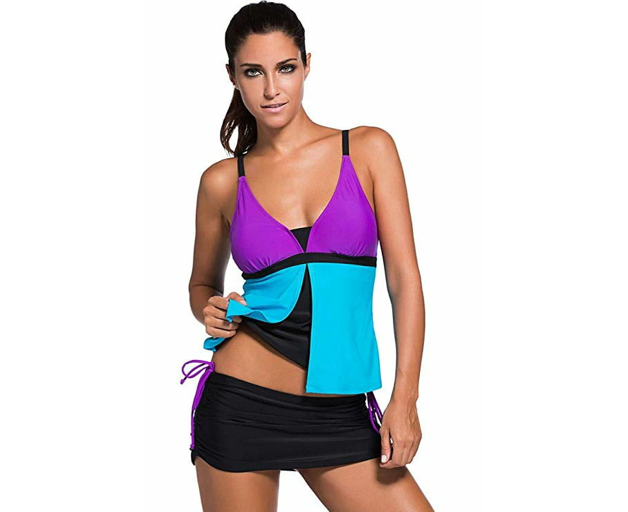 Women'S Summer Colorblock Tankini Top And Bottom Set Swimsuit,Blue,L