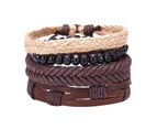 4Pcs/Set Vintage Men Mixed Style Braided Faux Leather Beaded Bracelet Bangle 3#