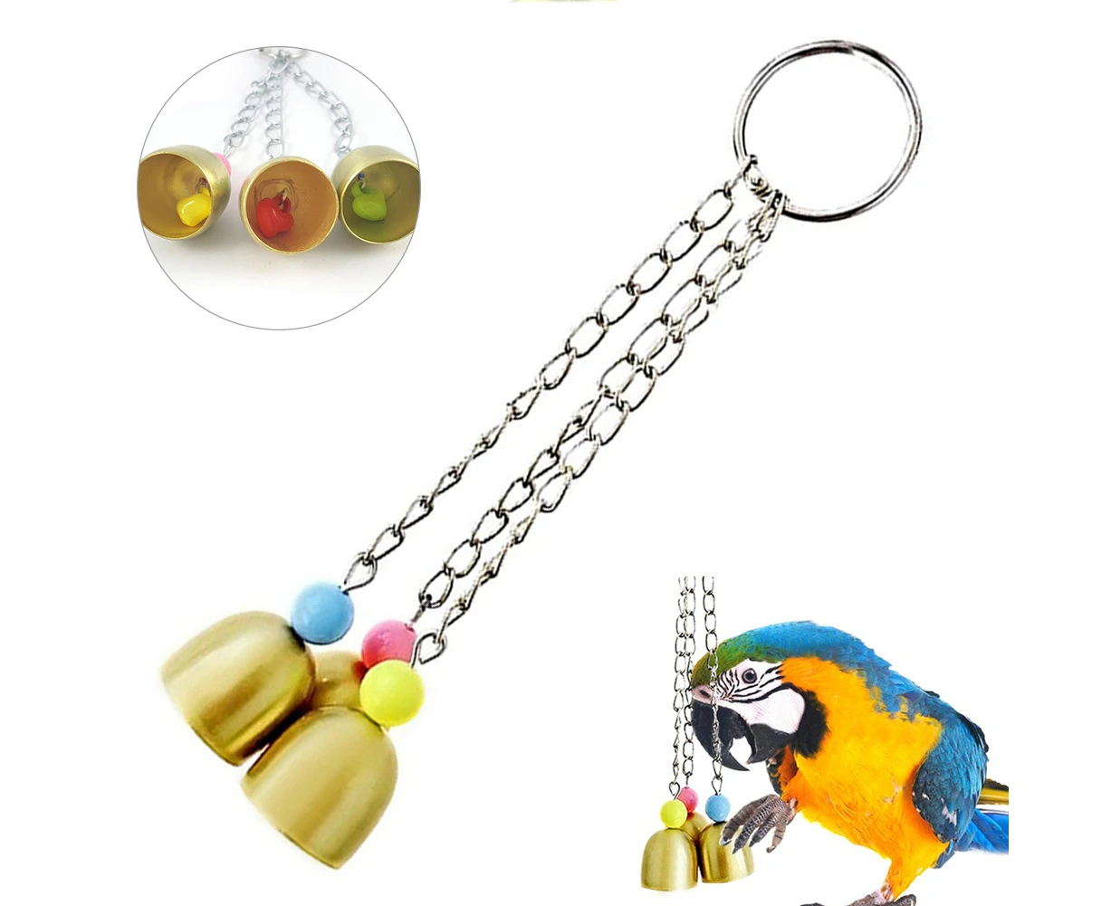 Pet Bird Parrot Pigeon Hanging 3 Bell Chain Cage Stand Bite Playing Sound Toy-Golden