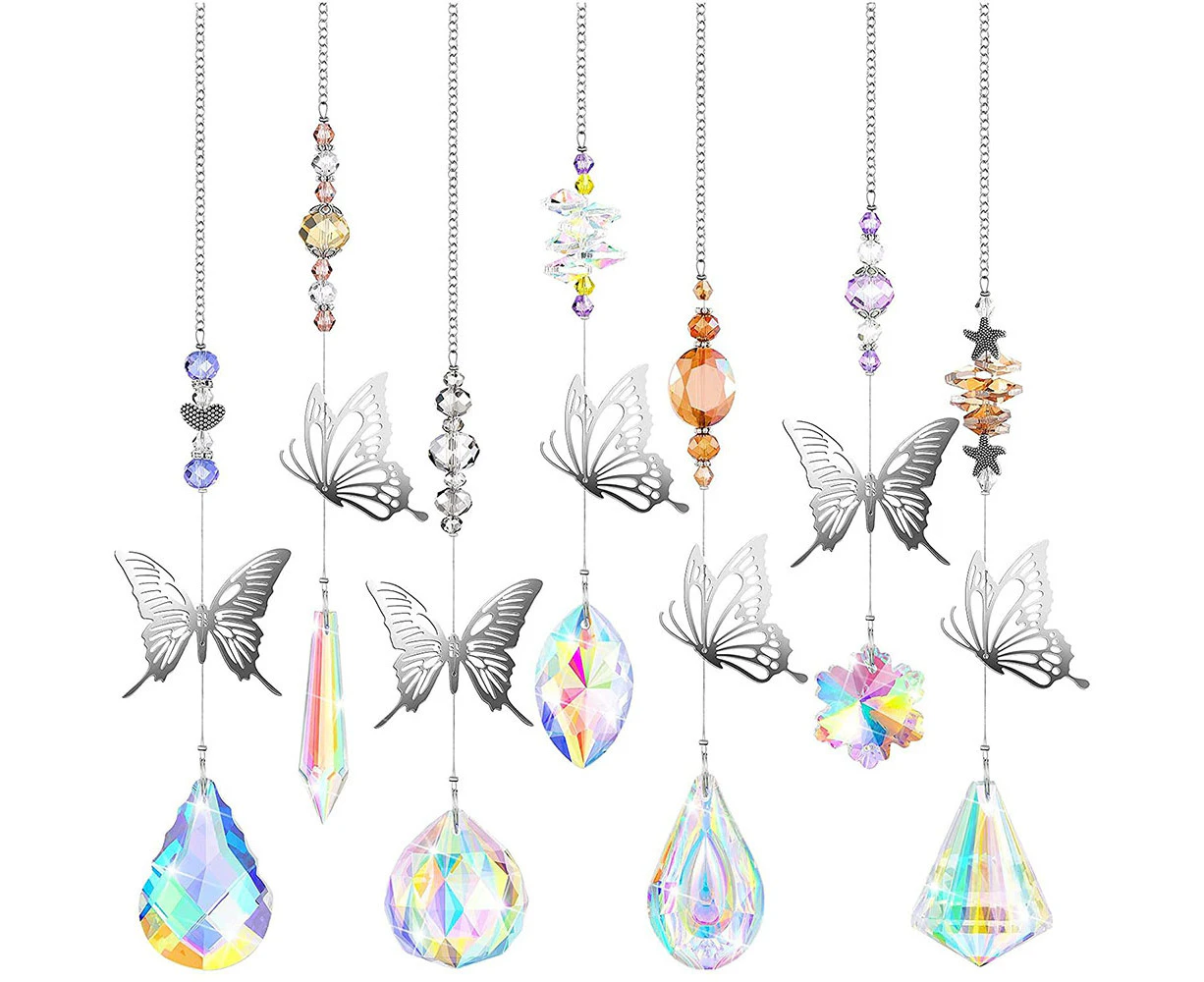 7 Pieces Butterfly Crystals Suncatcher Hanging Suncatchers Beads Colorful Crystal Chandelier Pendant Wall Hanging Tree Window Prism Ornament for Garden