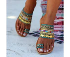 Women Bohemian Sandals Knitted Upper Flat Heel Tassel Anti Slip Flip Flops Slippers with Clip Toe Ring for Beach