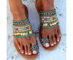 Women Bohemian Sandals Knitted Upper Flat Heel Tassel Anti Slip Flip Flops Slippers with Clip Toe Ring for Beach