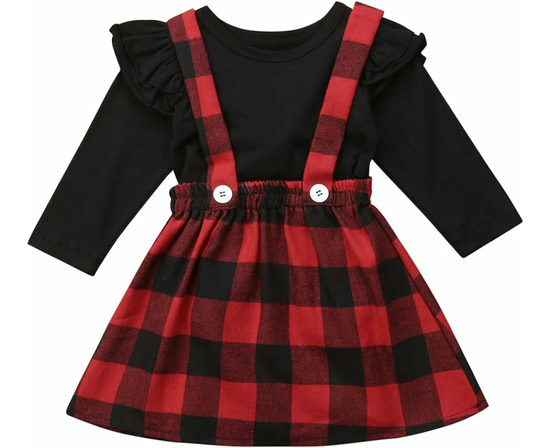 Infant Kid Toddler Girls Long Sleeve T-Shirt With Red Plaid Suspender Overall Dress Christmas Outfits,Red,2-3T