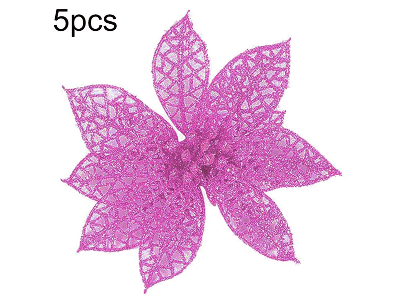 5Pcs Glitter Hollow Artificial Christmas Flower Ornament Xmas Tree Garland Decor-Pink