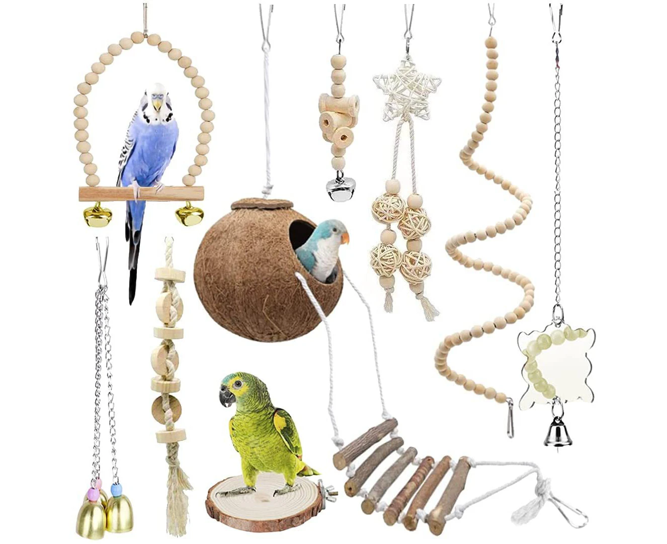 9 Pieces Parrots Chewing Natural Wood and Rope Bungee Bird Toy