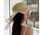 Sun Hat Large Brim Breathable Folding Comfortable Packable Sun Protection Ruffle Edge Bow Ribbon Faux Pearl Decor Summer Beach Straw Hat for Women Beige