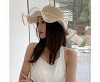 Sun Hat Large Brim Breathable Folding Comfortable Packable Sun Protection Ruffle Edge Bow Ribbon Faux Pearl Decor Summer Beach Straw Hat for Women Beige