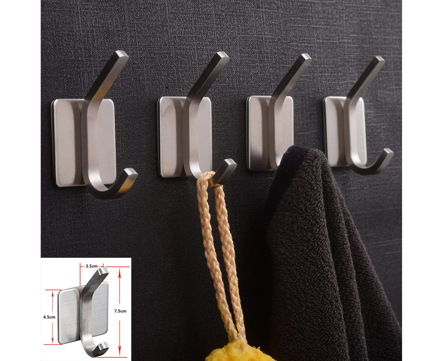 Towel Hook,3M Hooks ,Adhesive Hooks Bathroom, Self Adhesive Coat Hook Stick on Wall Stainless Steel Brushed 4-Pack