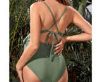 Front Lace-up Side Ruched Adjustable Back Straps Maternity Monokini Sexy Ruffle Decor Push Up One-Piece Swimwear for Swimming Pool-Green
