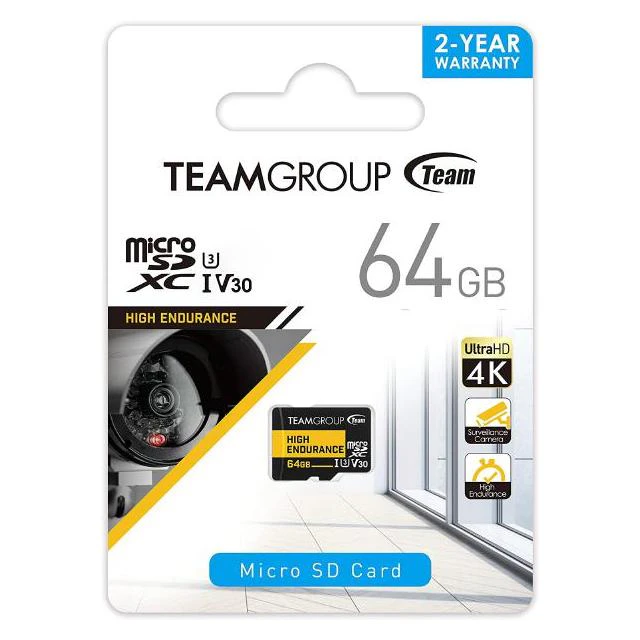 Team Group HIGH ENDURANCE 64GB Micro SDXC UHS-I U3 V30 4K 100MB/s (Designed for Monitoring) Stable Durable Long Lasting Flash Memory Card for Security