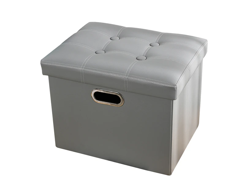 Sunshine Storage Stool with Handle Foldable Strong Load Bearing Faux Leather Versatile Storage Ottomans Cube Seat -Grey