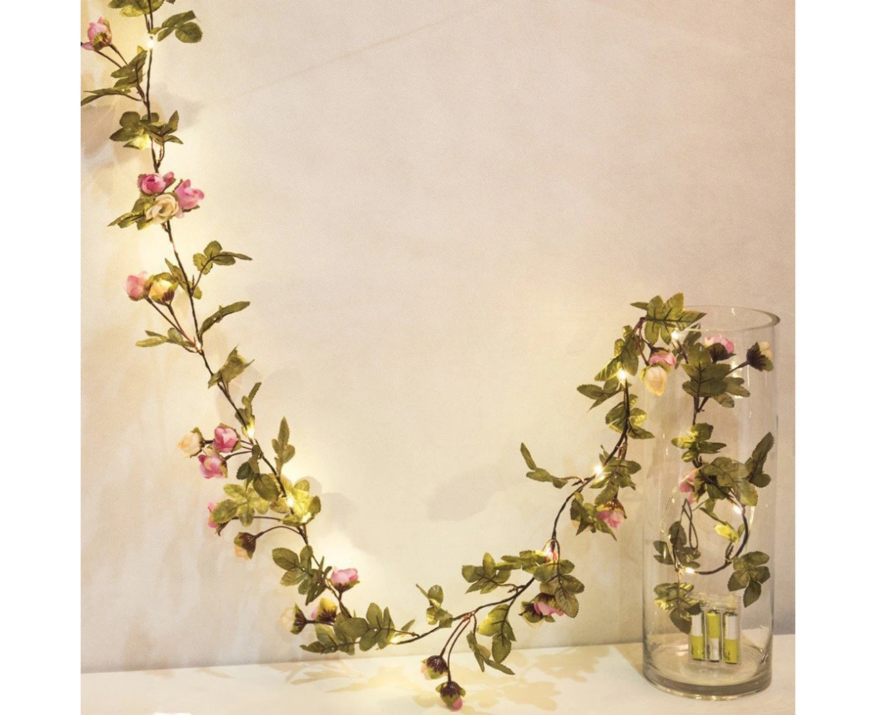 ricm 2.2m Simulation Rose Flower Garland With Copper LED String Light Home Decor-Red