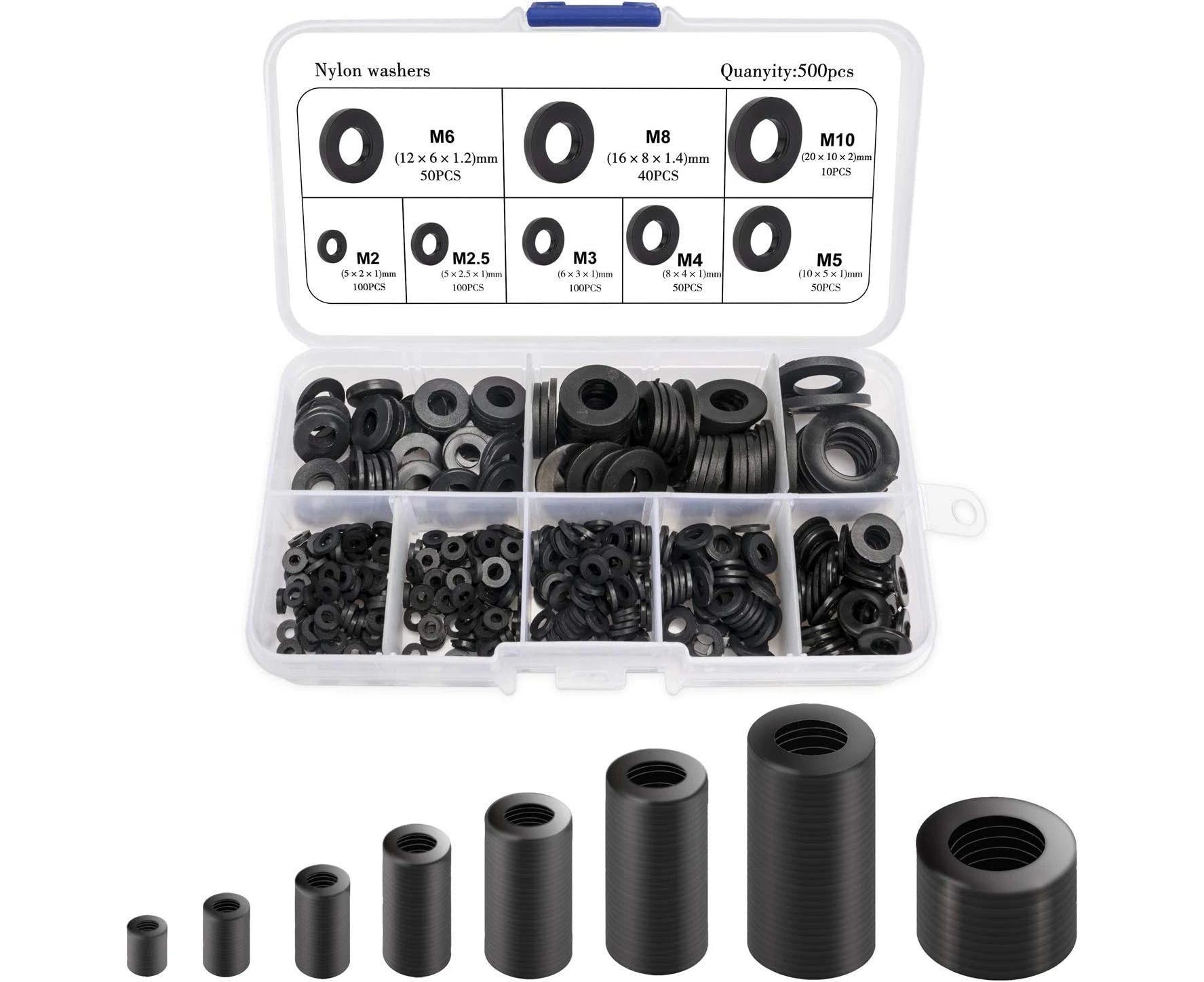 Nylon Gasket, 500PCS Black Flat Washer Round Spacer Washer Compatible with M2 M2.5 M3 M4 M5 M6 M8 M10