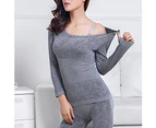 Minbaeg 2Pcs Women Winter O Neck Top Long Pants Thermal Underwear Shaper Sleepwear Set-Grey - Grey