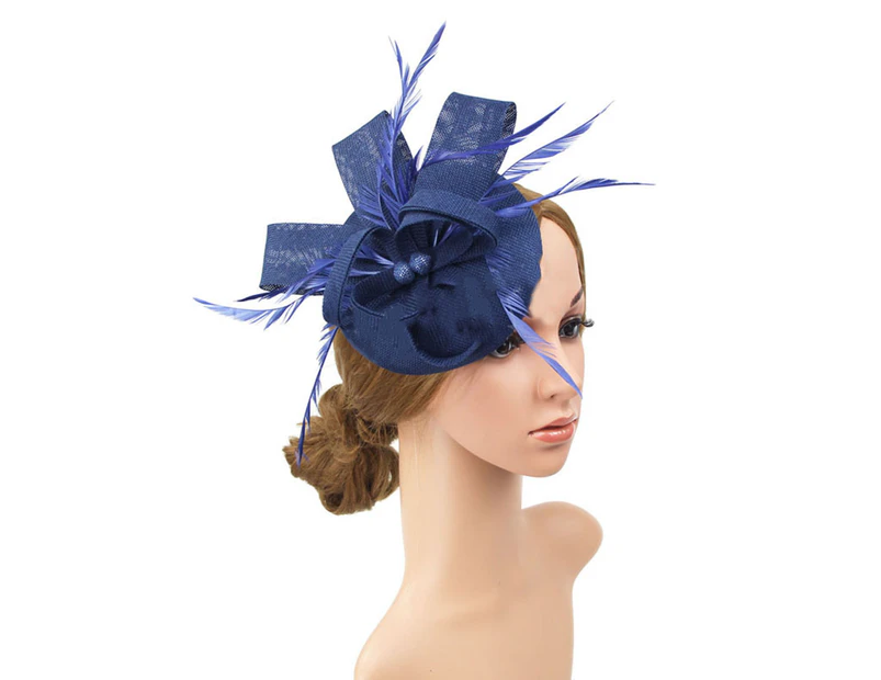 Faux Feather Fascinator Hat Net Yarn Hat Shape Bow Mesh Mini Beret Hat Headdress - Navy Blue