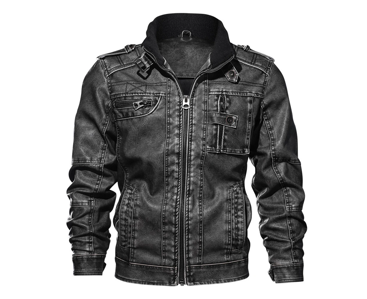 Autumn Men Fashion Faux Leather Stand Collar Casual Motorcycle Biker Jacket Coat Black