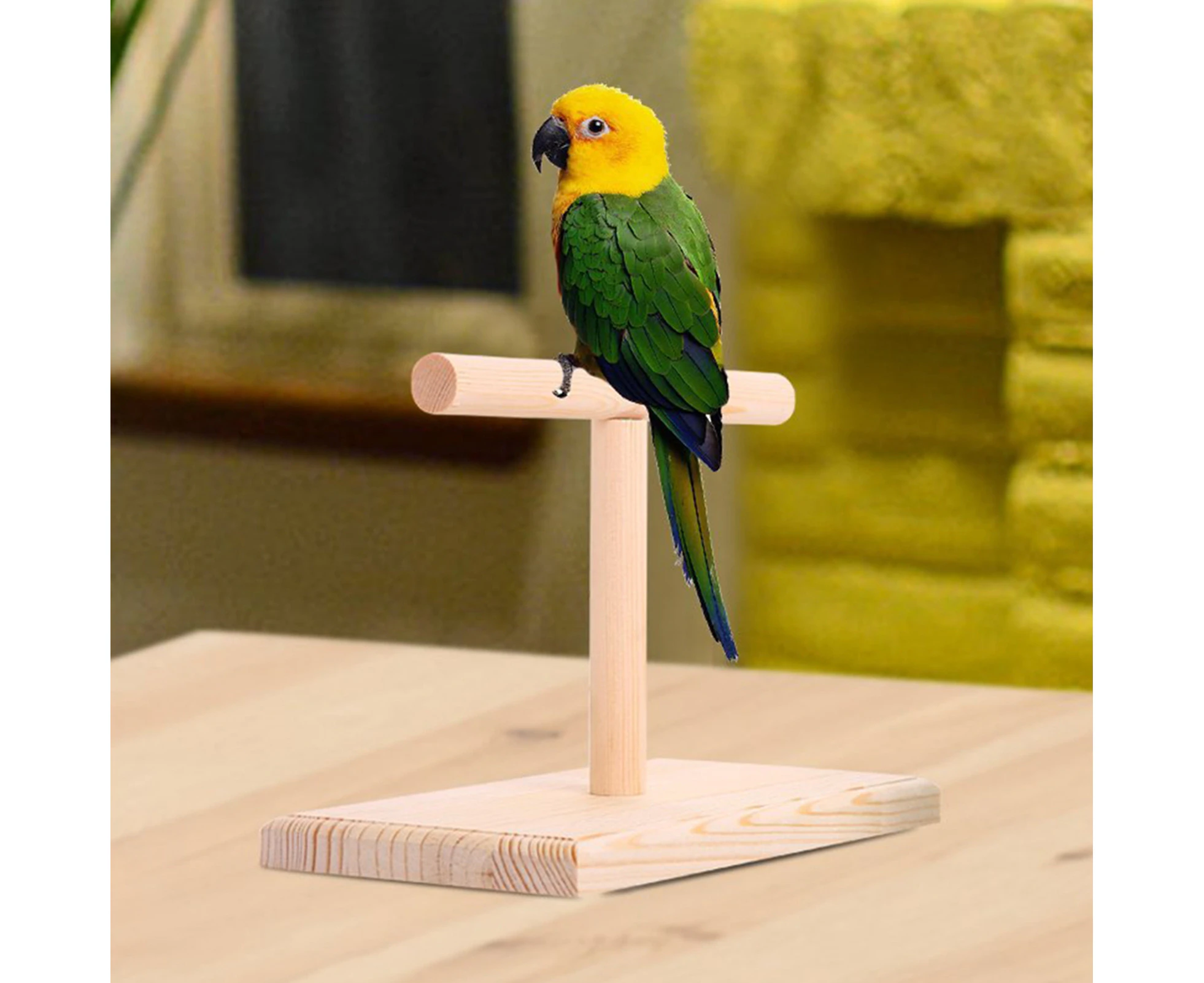 Portable Wood Bird Parrot Training Spin Perch Stand Playground Platform Toy-Wood Color