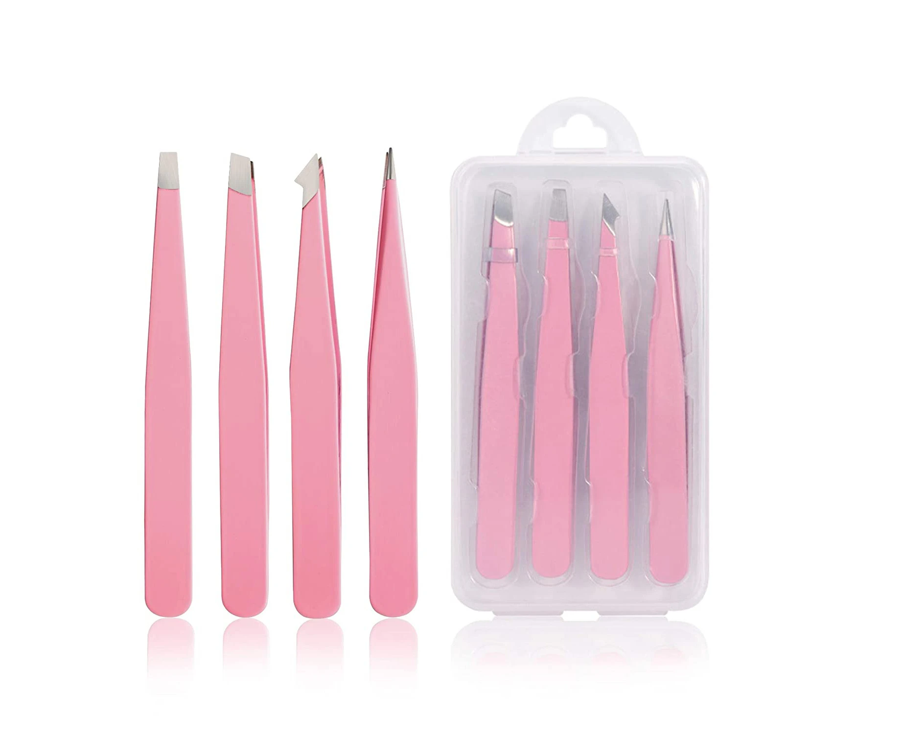 Tweezers Set 4-Piece, Professional Stainless Steel Tweezers, Precision Tweezers For Eyebrows, Facial Hair, Ingrown Hair, Splinter(Pink)