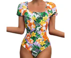 Square Collar Ruffled Cuffs Lady Monokini Triangle Cutting Vivid Flower Print Short Sleeve One Piece Swimwear for Beach-Purple