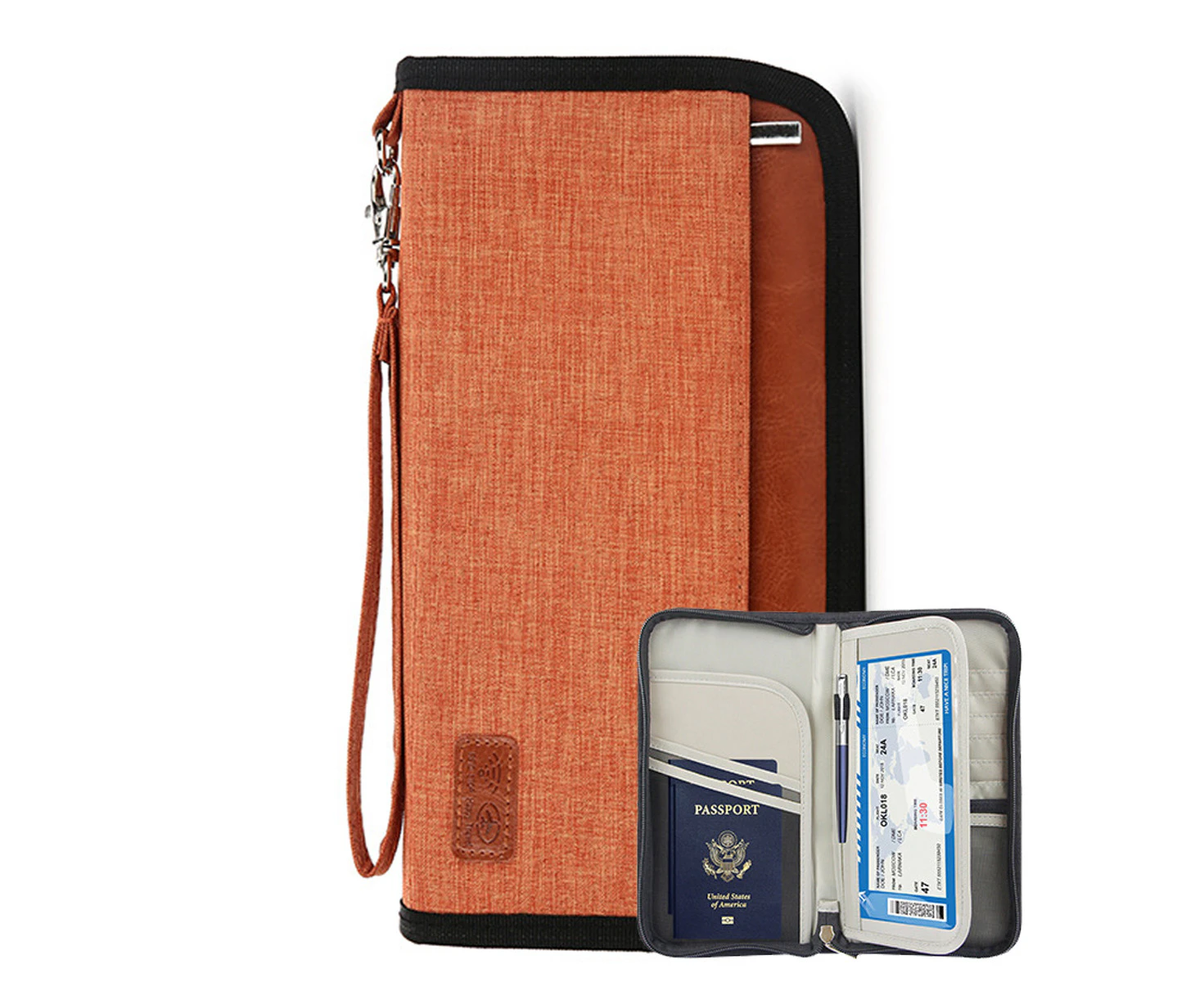 Passport Wallet Travel Document Waterproof Organizer Zippered Case Blocking Rfid Blocking, Multiple Passport Holder For Family, 25Cm*13Cm*3Cm,Orange Color