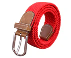 Men's Women's Canvas Plain Webbing Metal Buckle Woven Stretch Waist Belt Strap - Red