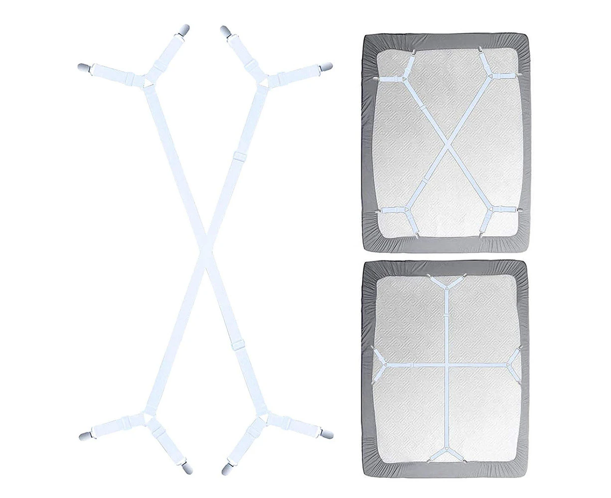 2Pcs Sheet Fasteners Straps Adjustable Crisscross Bed Sheets Holder Clips-White