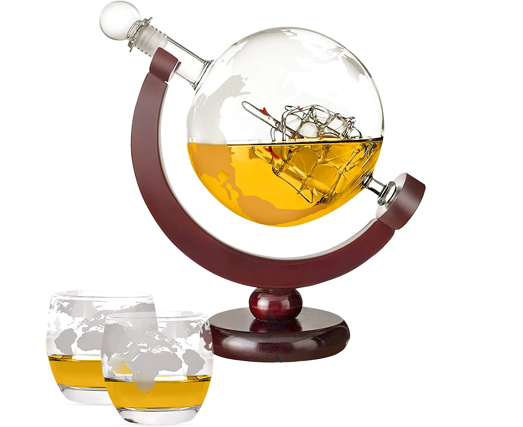 Whiskey Decanter Set, Carafe Globus Decanter, 850 Ml with Ice Stone, 2 Whiskey Glasses, 9 Whiskey Stones and Gift Spout