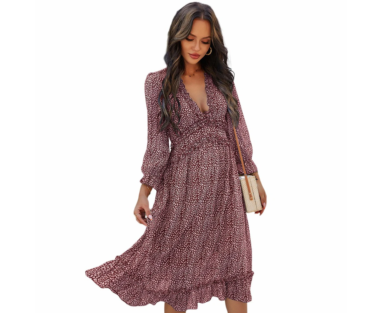 V-Neck Simple Print Dress - WINE RED