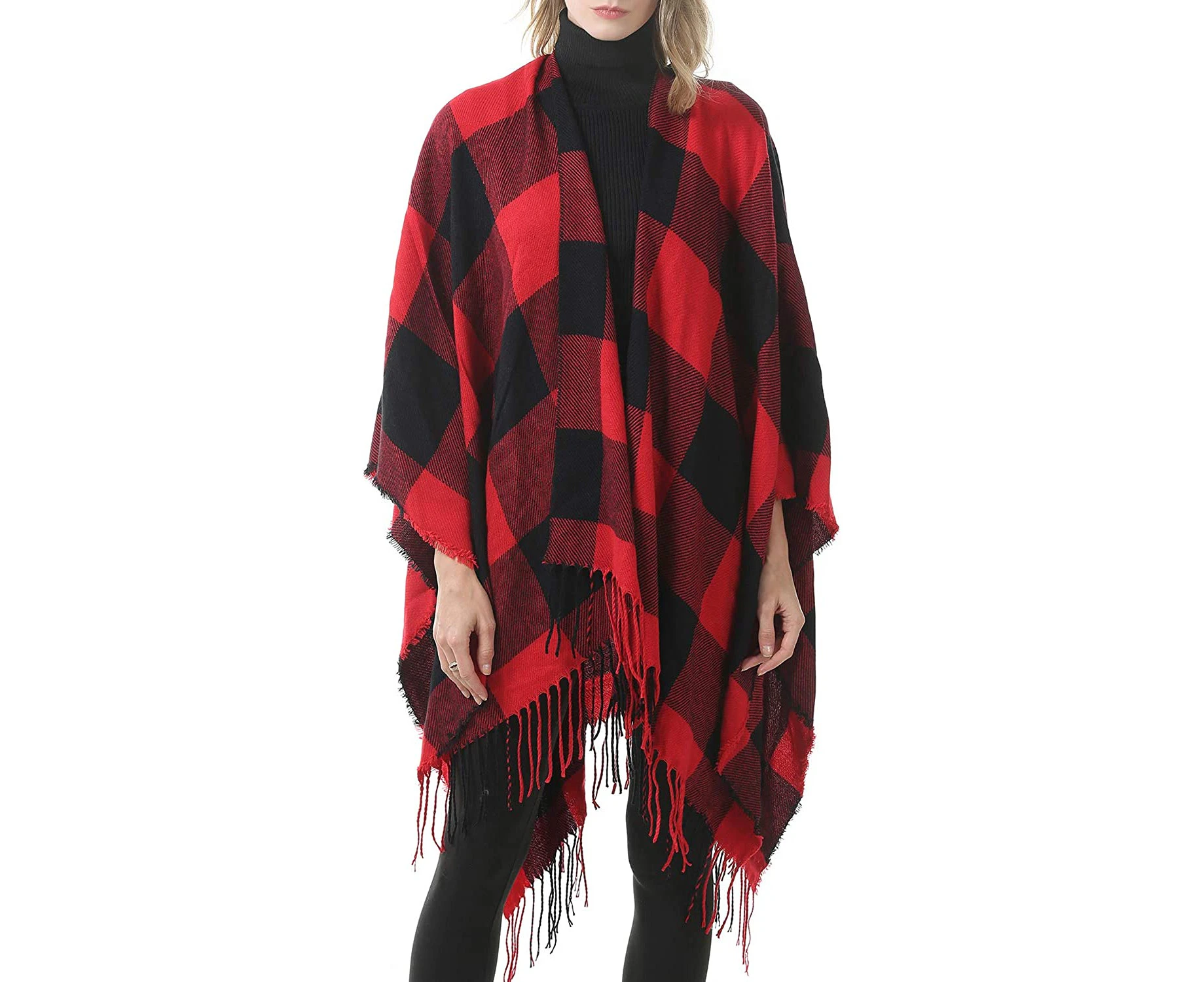 Women's Warm Shawl Wrap Open Front Poncho Cape Color Block Shawls Winter Cardigan Wrap Printed Ponchos for Women