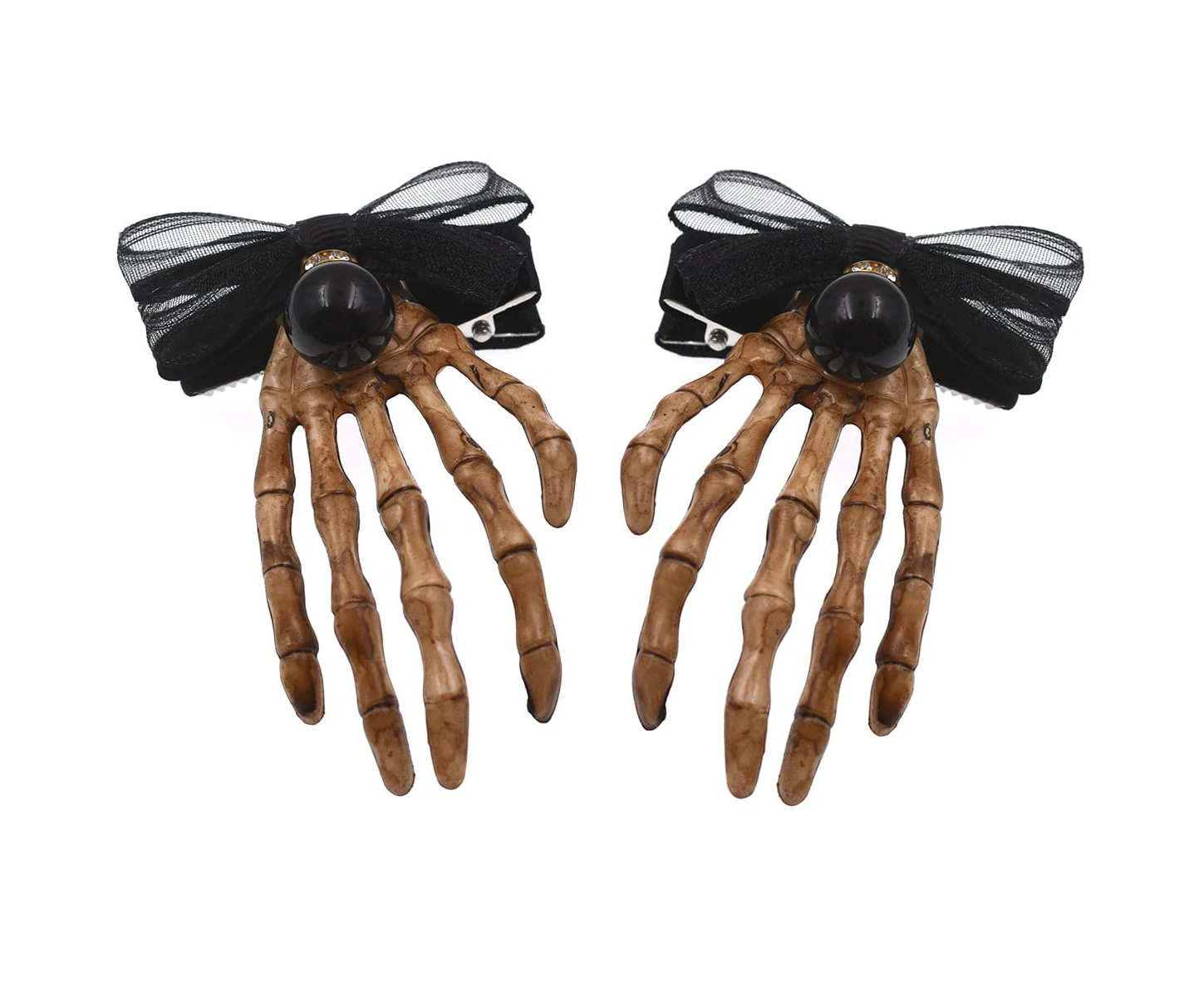 2Pcs Skeleton Hands Hair Clips Halloween Gothic Horror Bone Hair Clip for Women Girls Accessory, Bowknot Pearl Design, Left & Right, Black