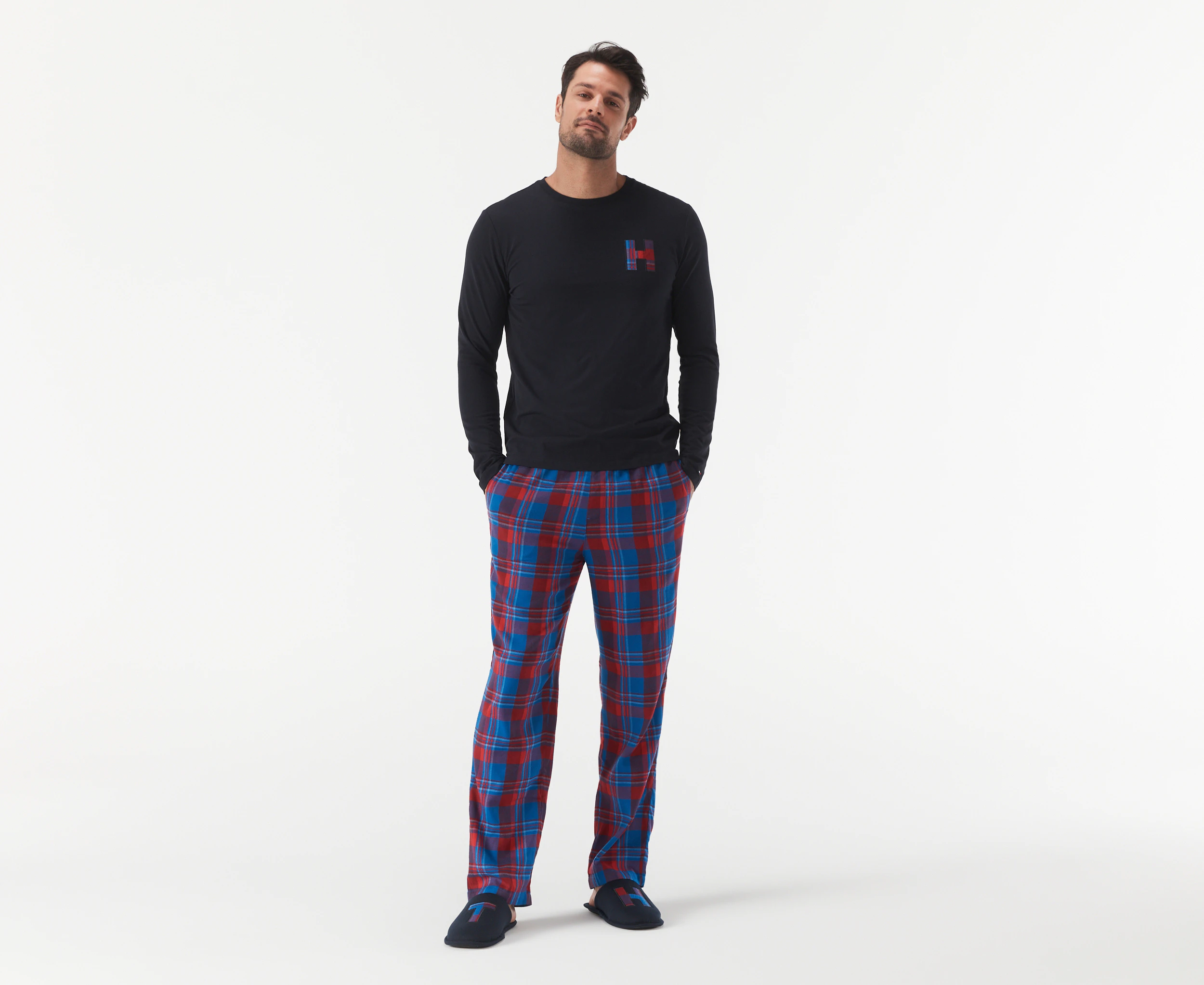 Tommy Hilfiger Men's Flannel Long Sleeve PJ & Slipper Set - Desert Sky/Holiday Check