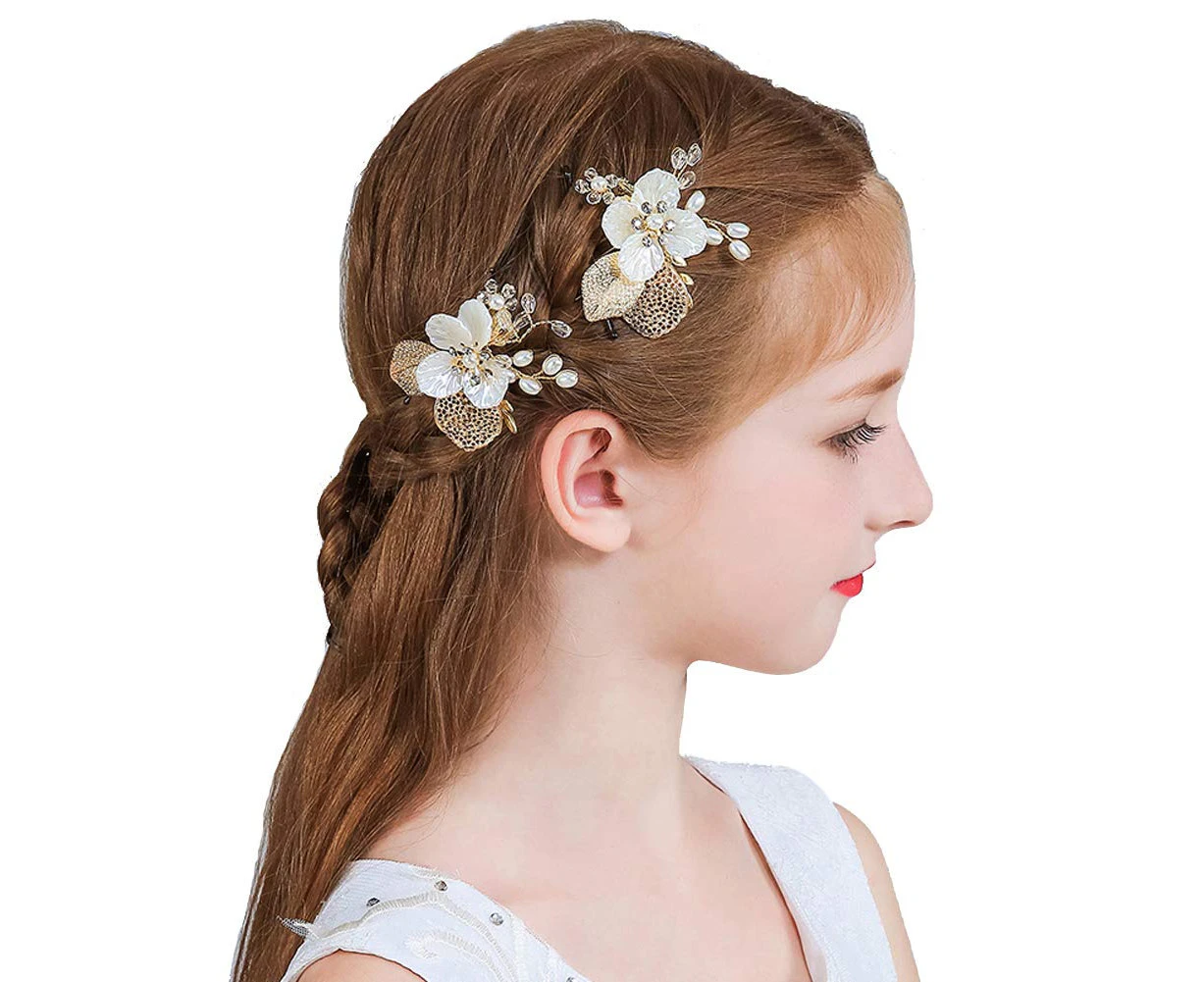 Wedding Flower Girl Hair Pins Bride Pearl Hair Piece Crystals Hair Clips Bridal Hair Accessories for Women and Girls Pack of 2 (Gold)