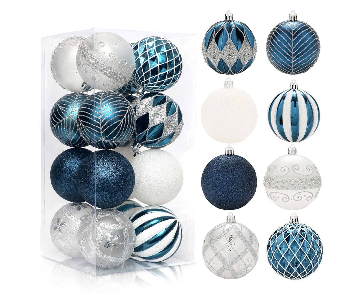 8cm Christmas Balls Ornaments16pcs Shatterproof Colorful Glittering Baubles Set Xmas Tree Pendants Holiday Party Balls Decoration,Blue White